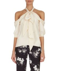 Erdem Elin Cold-Shoulder Tie-Neck Top  Ivory at Neiman Marcus